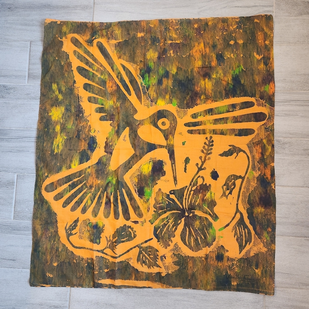Handpainted scarf women's khaki cotton Hummingbird Hibiscus Flower batik artsy